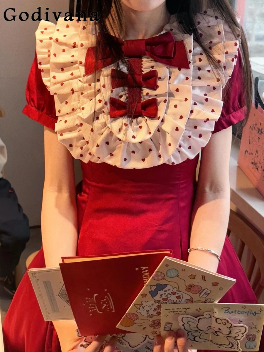 

Sweet Cute Doll-Style Japanese Original Lolita Dress with Polka Dots Lace Trim Bowknot Doll Collar Puff Sleeves Red Dress