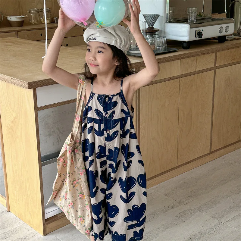 

2024 Summer New Girls Sleeveless Sling Jumpsuit Flower Print Kids Casual Overalls Children Loose Trousers Toddler Wide Leg Pants