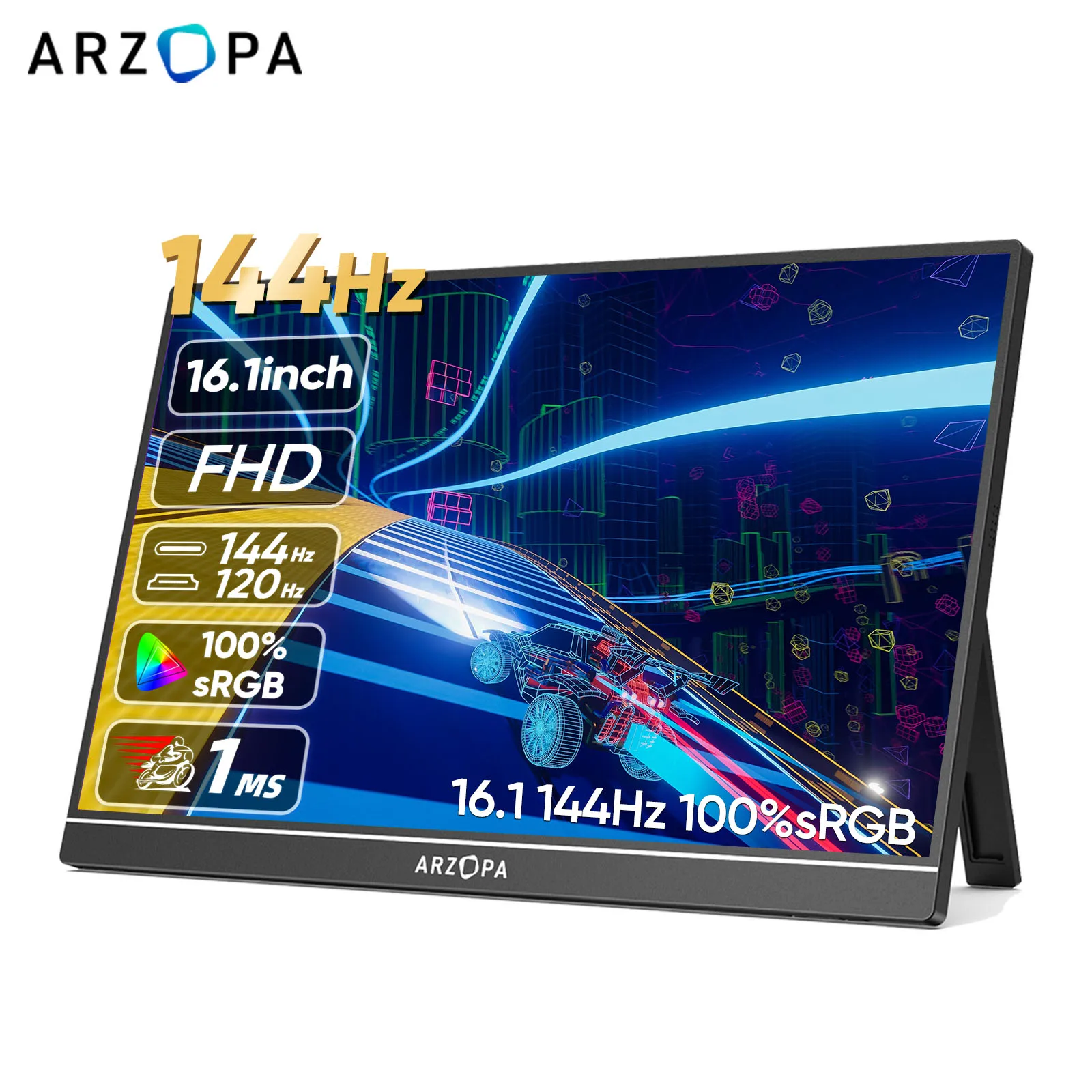 ARZOPA 16.1 pulgadas 144Hz 100% sRGB Monitor portátil,FHD 1080P 16:9 Pantalla IPS,Cuerpo de metal con mini HDMI tipo C,Soporte incorporado,para Mac /Laptop/PC/Xbox/Switch/PS,Segunda pantalla externa,Monitor Gaming,Z1FC