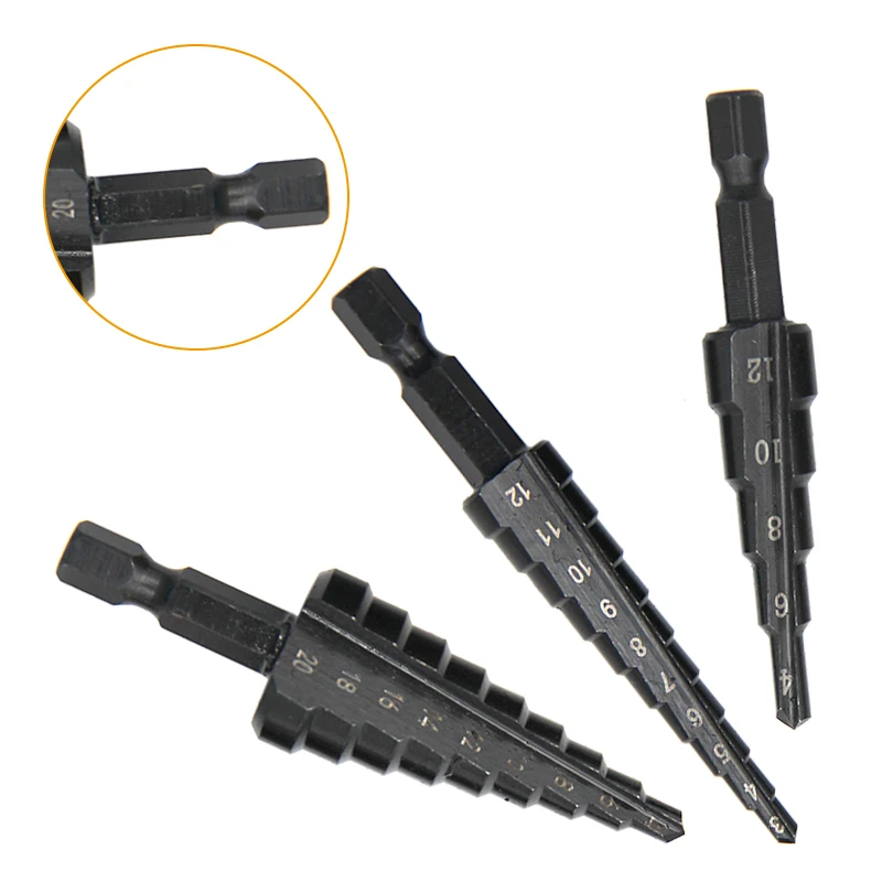 3pc Black Hexagonal Shank Straight Slot Ladder Drill Bit Reaming and Hole Opening Blackened Pagoda Drill Tool Set view 4