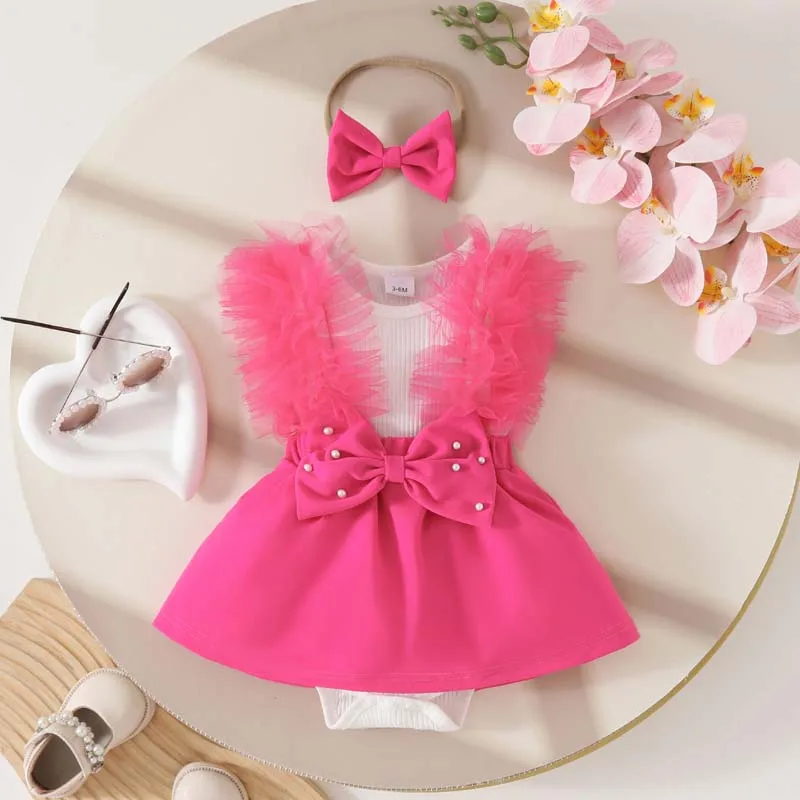 

Baby Clothing Girl Bodysuit Dresses 0-18 Months Summer Fashion Mesh Sleeveless Bow Tie Skirts With Hairband Baby Girl Outfits