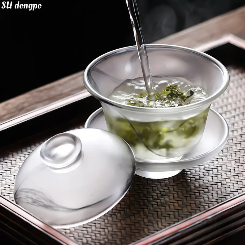 Chinese Ink Gaiwan Large Capacity Ink Glass Covered Bowl - Tianquan Thickened Kung Fu Tea Bowl High Grade Exquisite Tea Set