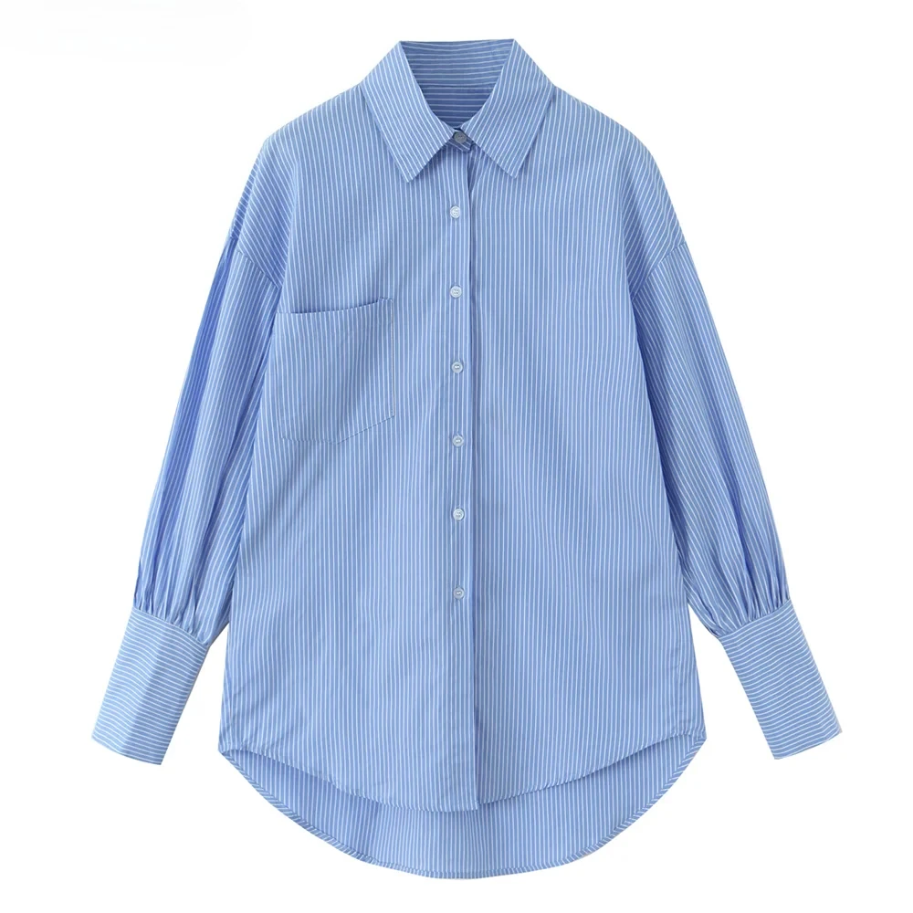 

2025 Autumn Chic Blue White Stripes Print Lapel Long sleeve Shirt Women Open Buttons Single Pocket Loose Asymmetry Blouse Tops