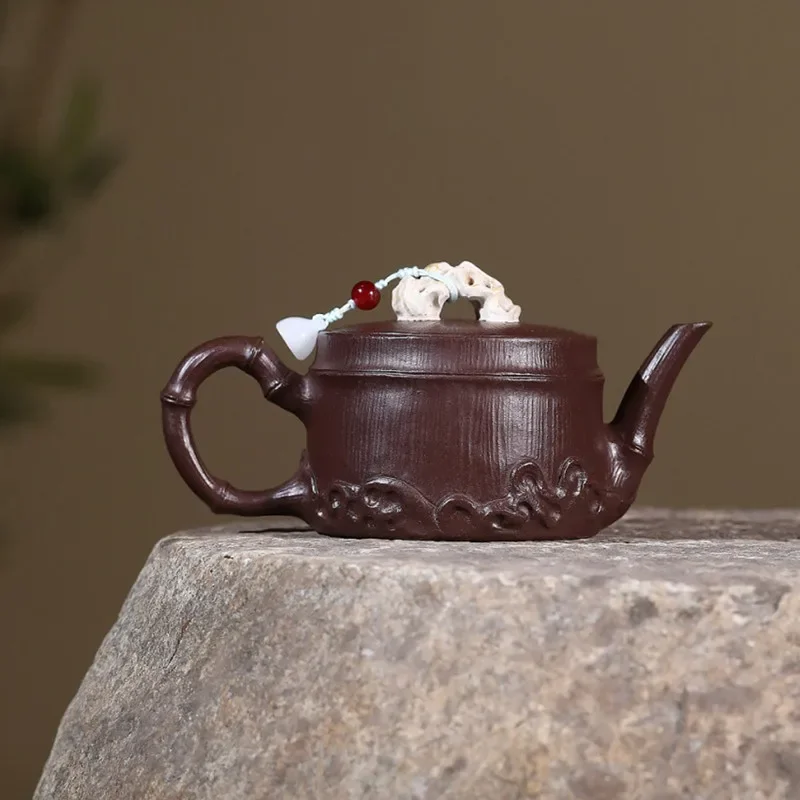 Chinese Tradition Yixing Purple Clay Teapot Hand-carved Bamboo Stone Tea Pot Handmade Beauty Kettle Zisha Tea Set Teaware 230ml