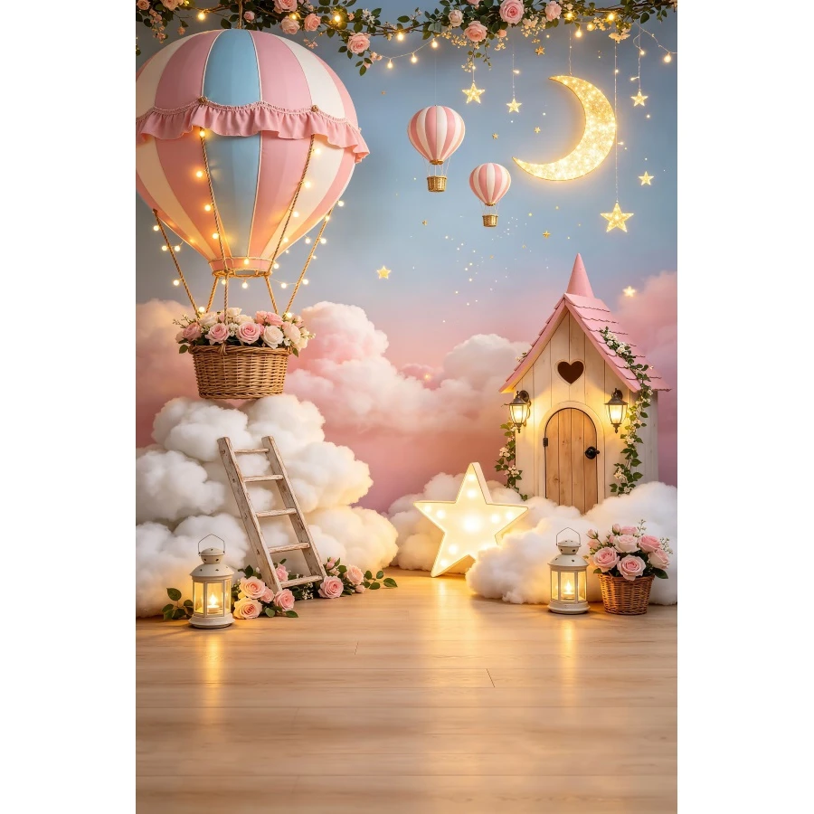 Hot Air Balloon Cloud Photography Backdrop Glowing Moon Star Pink Floral Background Dreamy Baby Shower Kids Birthday Portrait