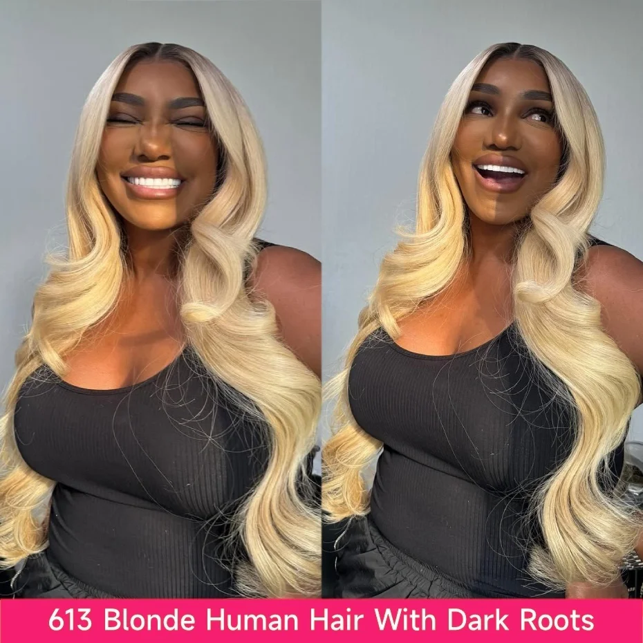 40 42 inch 613 Honey Blonde Human Hair Wigs with Dark Roots 13x6 Hd Transparent Lace Front Wig Pre Plucked with Baby Hair Body Wave 1B613 Ombre Blonde Lace Frontal Wig 220% Density