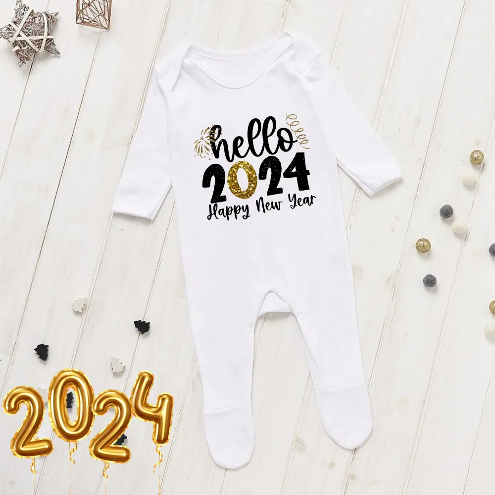 Hello 2024 Happy New Year Babygrow My First New Year Baby Romper Winter Infant Sleepsuit New Year Coming Home Outfit