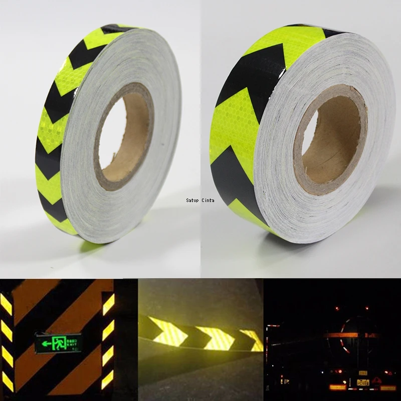 Pegatinas reflectantes de flecha para coche, cinta autoadhesiva impermeable, fluorescente, amarillo y negro, 2,5 cm x 5m, para bicicleta y camión