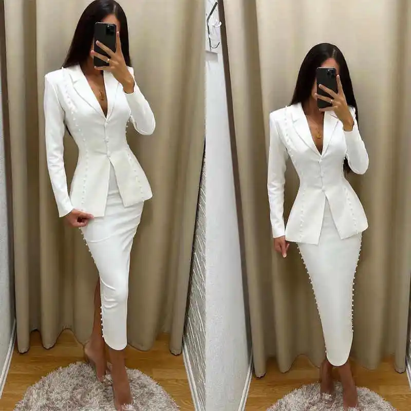 Moderne Zeemeermin Avondjurk V-hals Prom Suits Sexy 2 Stuks Kralen Satijnen Prom Dress vestidos de novia Plus Size Aangepaste