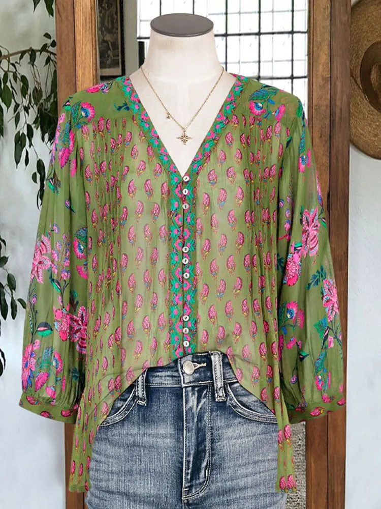 

Chiffon Floral Panel Graphic Print V-neck Top Women's Button Front Shirt with Flared Sleeves Casual and Stylish Blouses