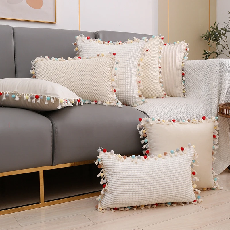 Ivory Cushion Cover Soft Pillow Cover 45x45cm/30x50cm Corduroy Colorful Tassels Pompom Fringed For Home Decoration Living Room