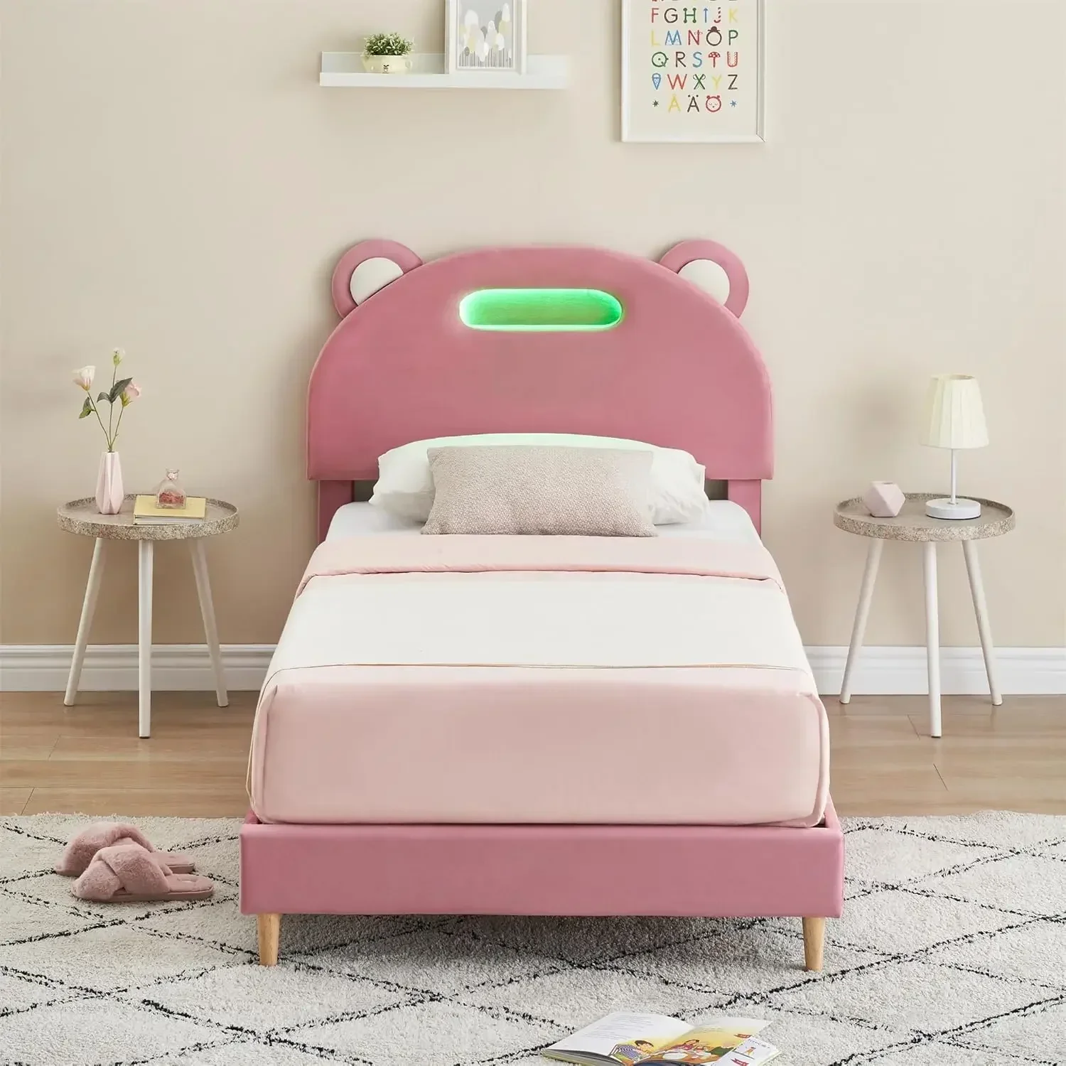 Telai letto gemelli, struttura a piattaforma con testiera imbottita e a LED, telai gemelli per bambini, struttura doppia con Sla in legno