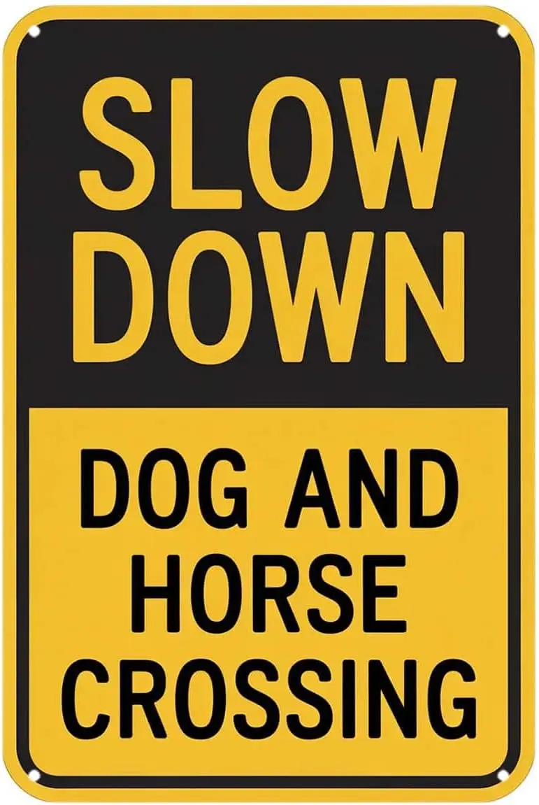 Slow Down Dog And Horse Crossing Tin Sign Warning Traffic Safety Alert Vintage Metal Signs Wall Decor for Kitchen Bar Cafe Bedro