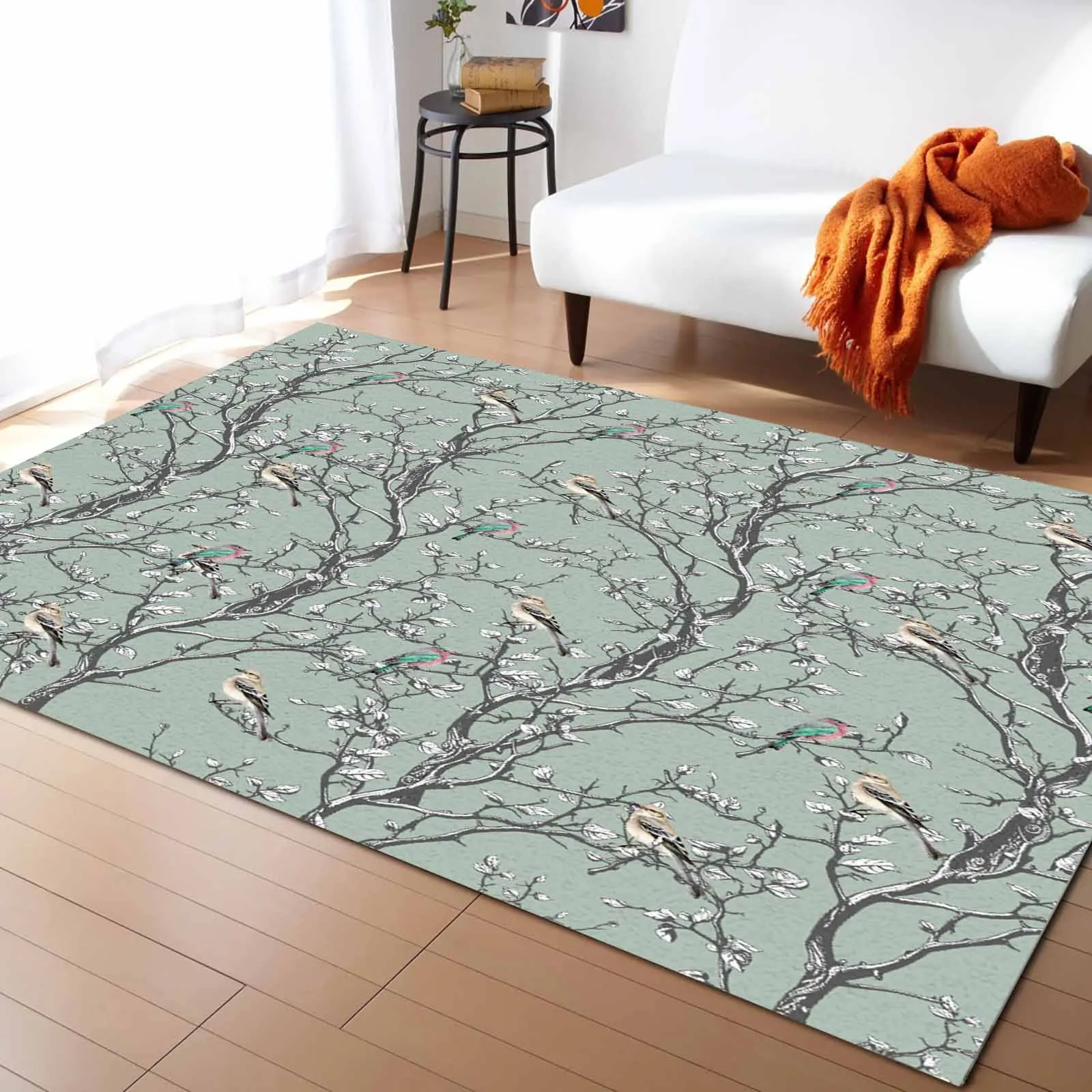 Branch Bird Vintage Hand Painted Green Living Room Floor Mat Children's Bedroom Bedside Carpet Kitchen Door