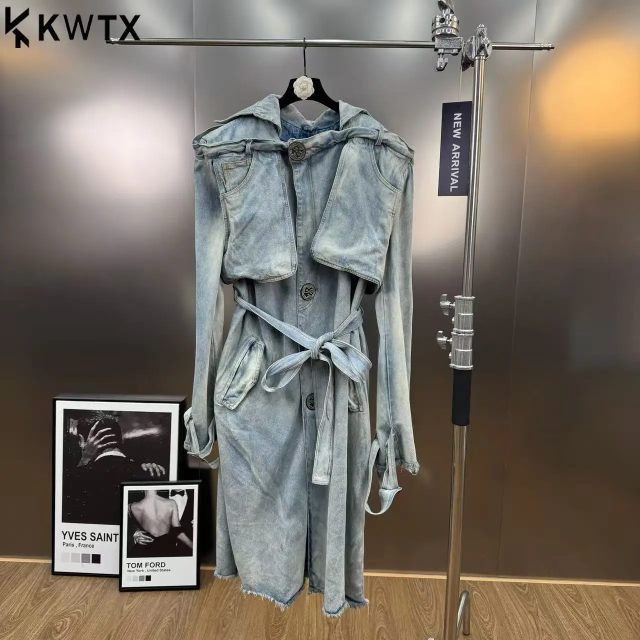 

KWTX 2025 New Fashion Women's Light Blue Denim Trench Coat Long Elegant Belted Waist Trenchcoat Autumn Winter High Quality Chic