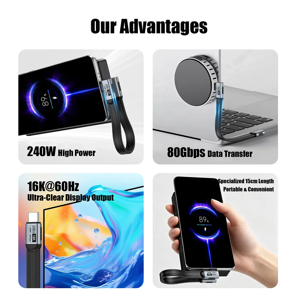 16K USB 5 USB-C to Type-C TPE Flat Data Cable 240W Fast Charging Thunderbolt 5/4/3 80Gbps High-Speed Transfer For iPhone18 17 16