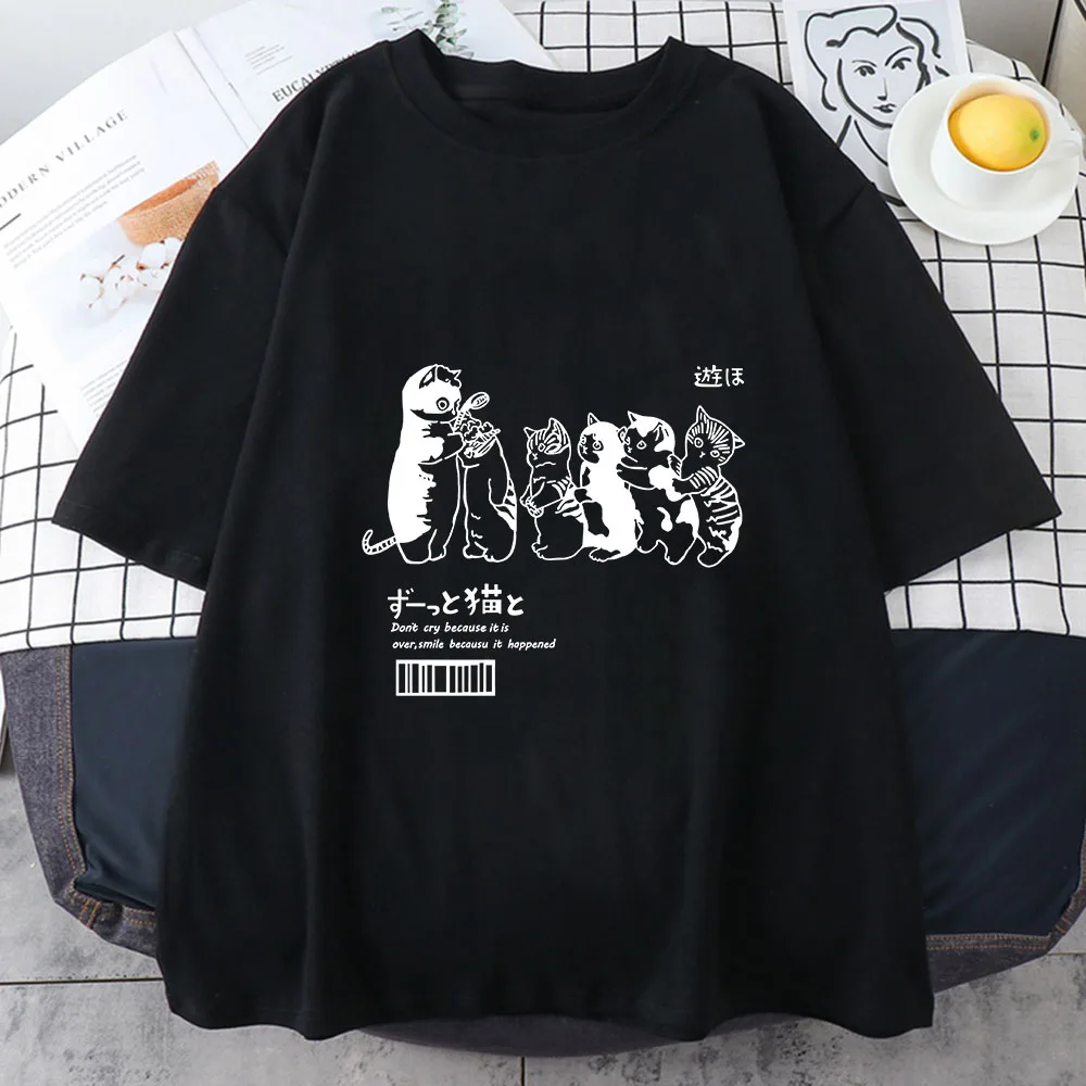 Japanese Kanji Cat 100% Cotton Oversize T Shirt Short Sleeve Women\'s Tops 2023 Summer Couples Loose Fashion Tees Korean Style