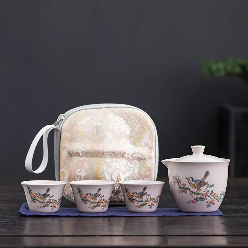 Ceramics Kung Fu Tea Set Travel Outdoor Tea Set One Pot and Three Cups Complete Set of Business Gifts