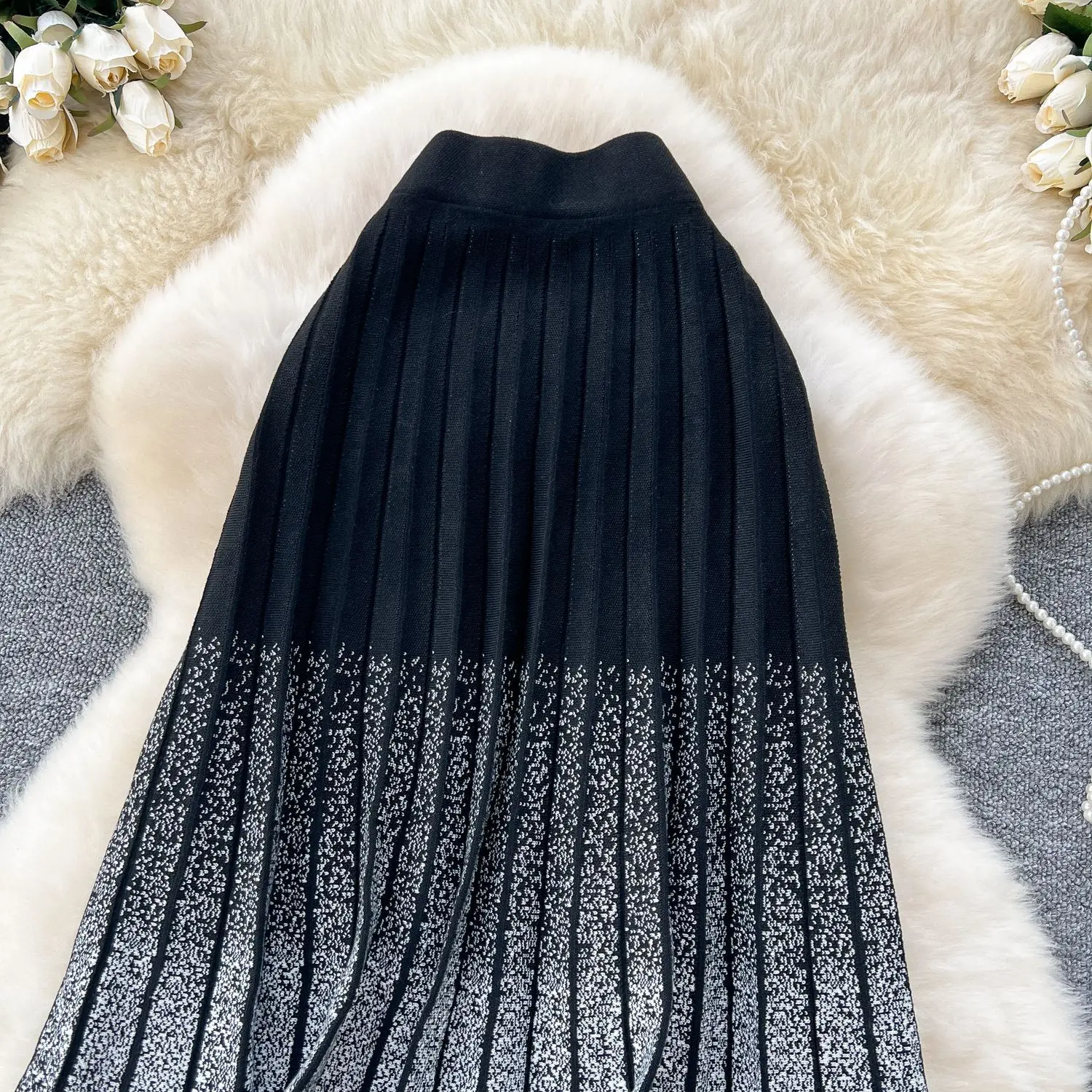 النساء الصلبة مطوي التنانير الكاحل طول التدرج تنورة محبوك خط مرونة الخصر فضفاضة تناسب أنيقة عادية 2025 ربيع الخريف #3