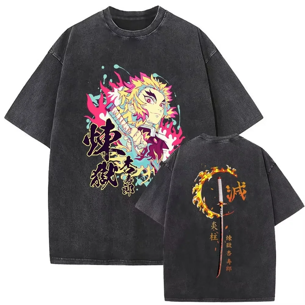 Demon Slayer brand vintage washed T-shirt for men and women 2026 summer Cartoon-patterned loose casual short-sleeved top