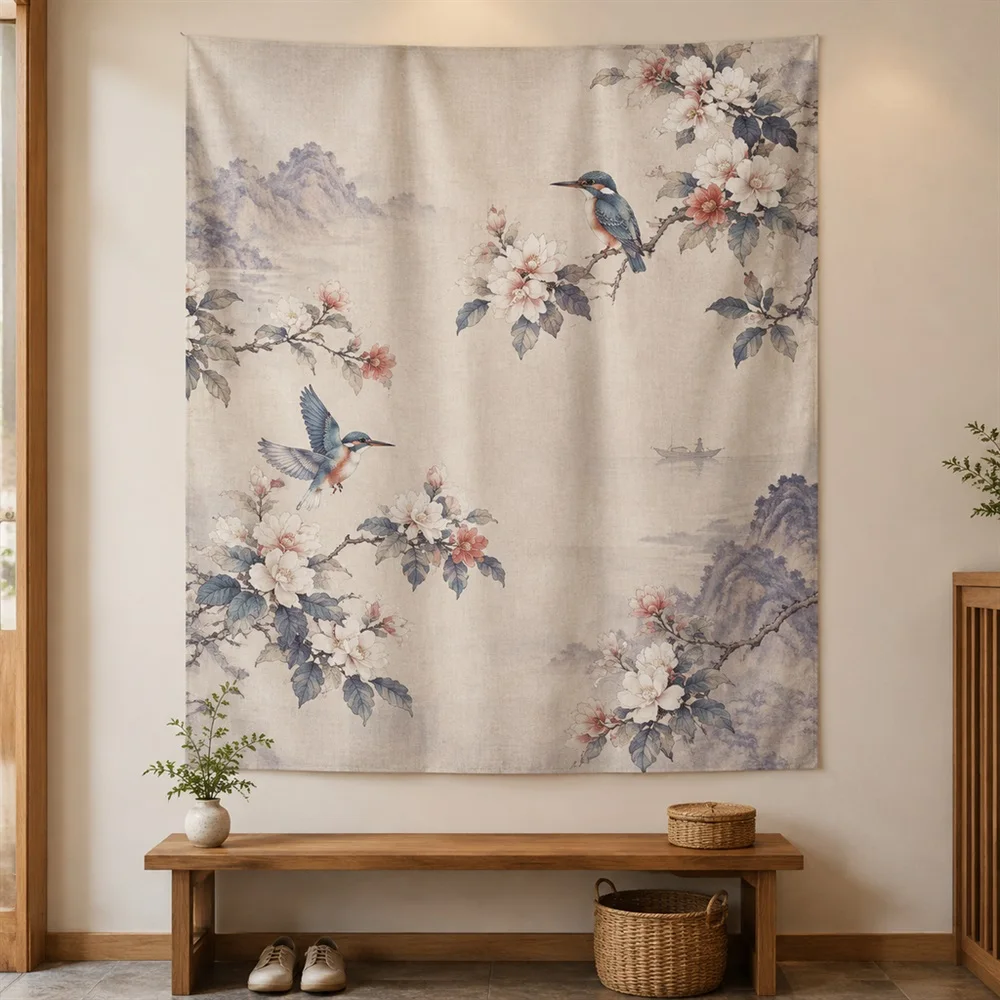 VIKAMA Gongbi Bird Flower Clustered Groups Tapestry Wall Hanging, Oriental Wall Decor Tapestries for Living Room Bedroom