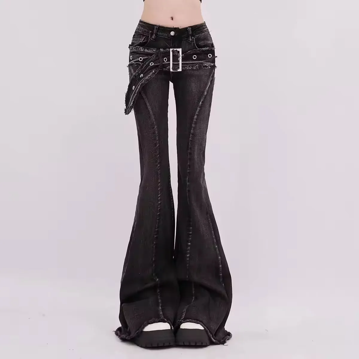 Y2K Pants High Waist Straight American Street Trousers Vintage Slim Micro-flare Jeans Women Ins Fashionable Splicing Belt Edge