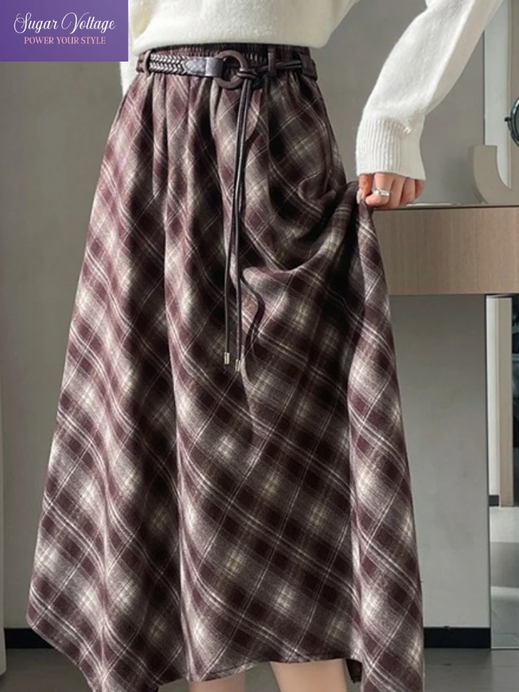 

Real Shot 2025 Autumn Winter Retro Plaid Woolen Skirt Women High Waist Vintage Warm Casual Midi Skirt Elegant Fashion Style
