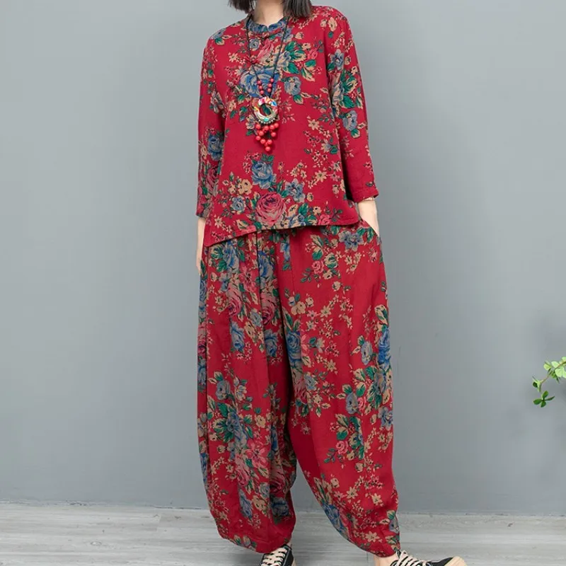 

2024 Spring Summer New Large Flower Plate Buckle Collar Top + Pumpkin Pants Two-piece Set Women Fashion Matching Set LX731