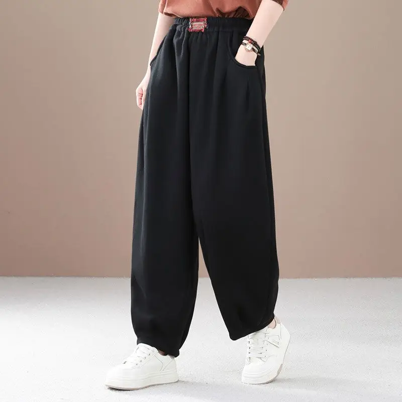 2023 Casual Sports Loose and Simple Elastic Waist Pocket Oversize Fashionable and Versatile Women's Solid Color Sanitary Pants