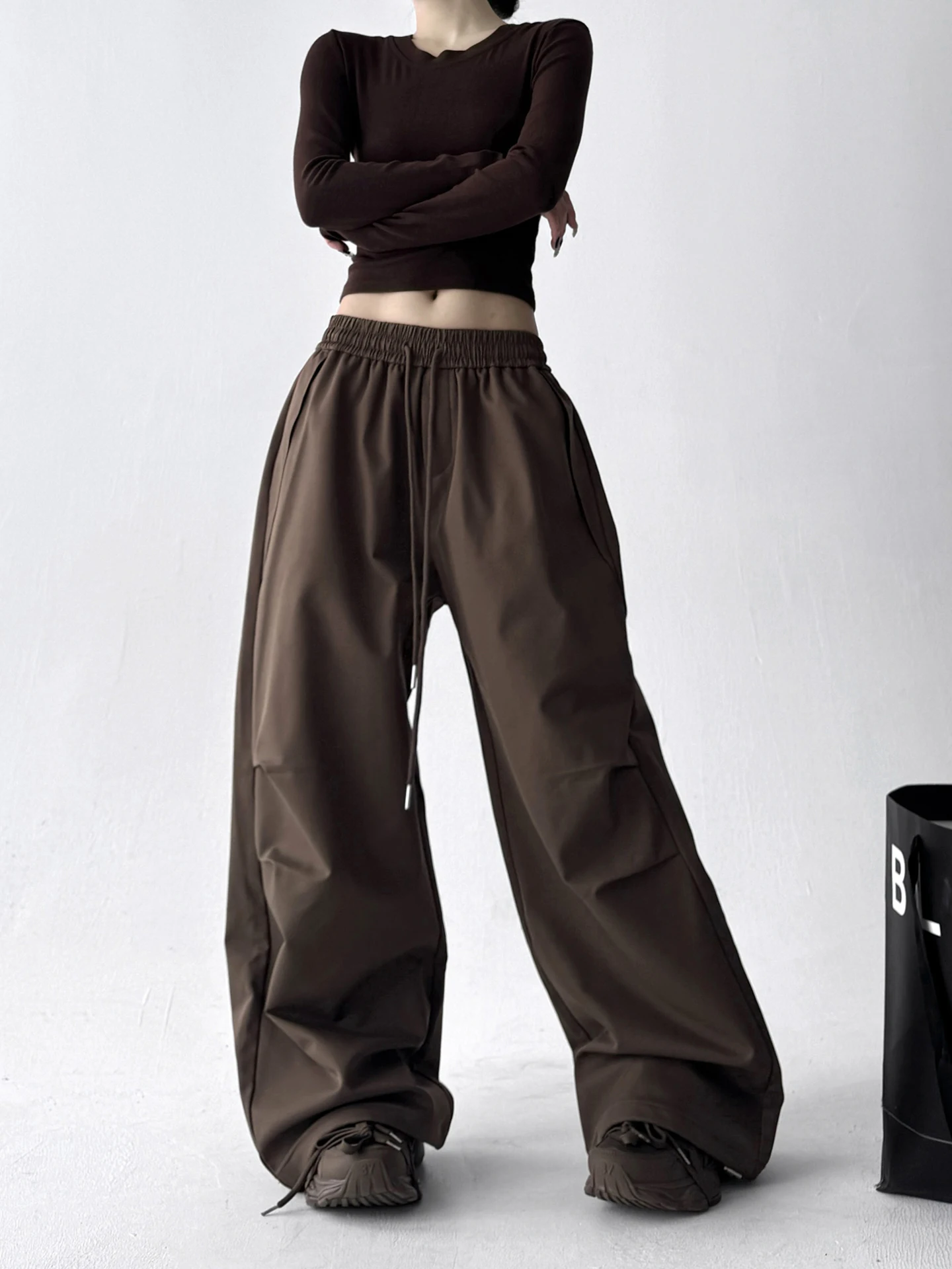 Thiened Fce واسعة الساق الأمريكية الرجعية Sle المرأة سراويل تقليدية فضفاضة مستقيمة مظلة الجندي السراويل عالية الخصر البوليستر... #5