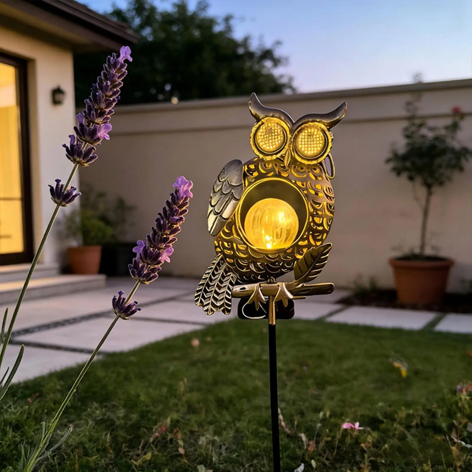 garden yard decorative solar stake lamp metal dynamic owl silhouette outdoor lawn scenic area landscape path lighting
