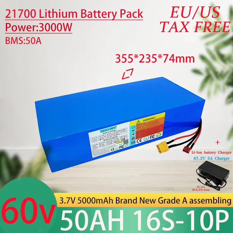 60V 50Ah 21700 16S10P Lithium Ion Battery Pack 3000W Power Tool Batteries Outdoor Backup Batteries With 50A BMS+67.2V 5A charger