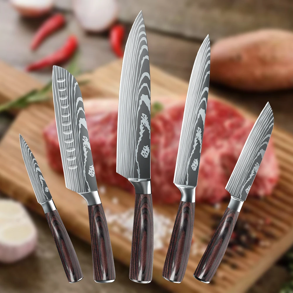 Kitchen Knives Set High Carbon Stainless Steel Japanese Sharp Steak Knife Slicing Santoku Chef knife Cooking Tools Wood Handle