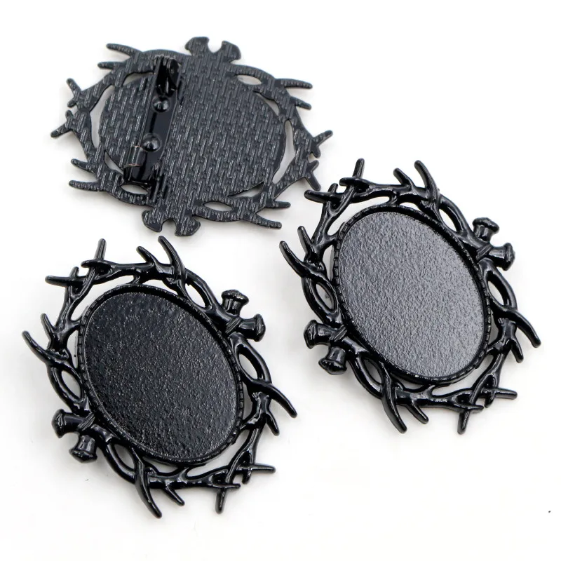 5pcs 18x25mm Inner Size Antique Silver Plated Bronze Black Brooch Pin Classic Style Cameo Cabochon Base Setting DIY Jewelry