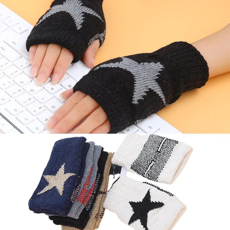 

Winter Warm Gloves Women Keep Half Finger Fingerless Gloves Star Printed Women Cute Wrist Hand Warmer Knitted Gloves