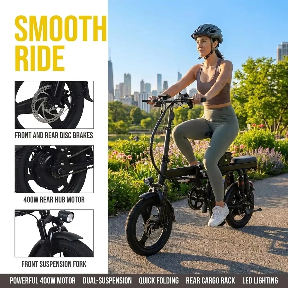 Folding Electric Bike 500W Peak Brushless Motor 48V15Ah Removable Lithium Battery Dual Seat E-Bike 14 Inch Foldable Electric Bicycle with GPS Anti-theft System Dual Disc Brake for Commute