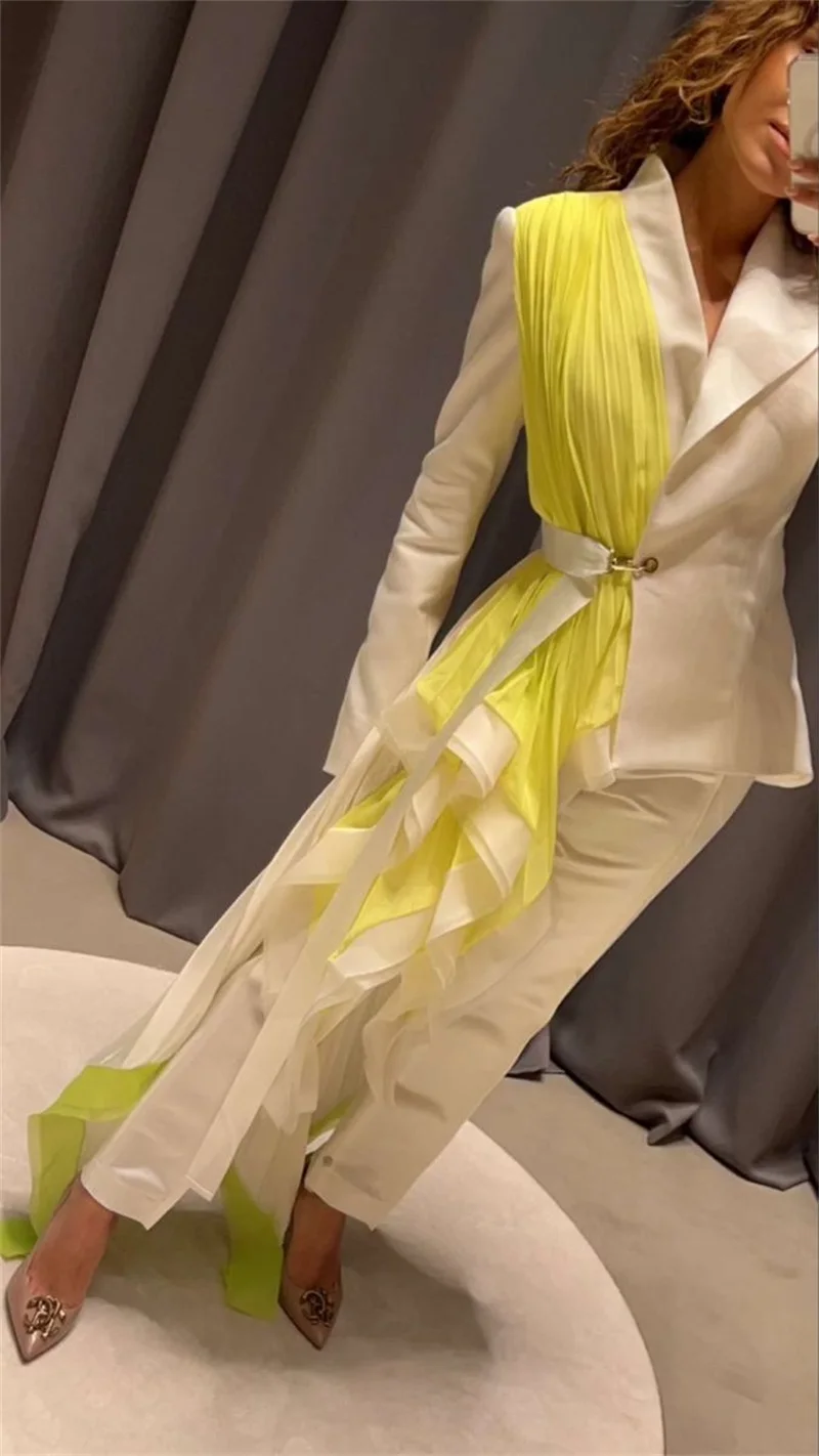 

White Women Suit Set 2 Pcs Elegant Blazer+Pant Trouser Yellow Stripe Formal Office Jacket Customized Wedding Tuxedos Cotton Coat
