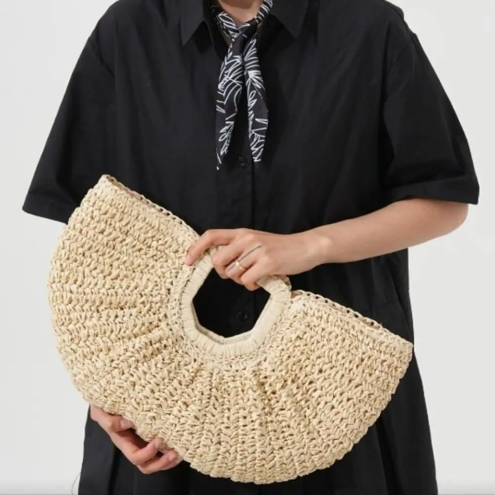 

Sweet Large Capacity Lafite Straw Bag Handmade Half Moon Grass Woven Bag Simple Wrist Circle Summer Beach Handbag Beach