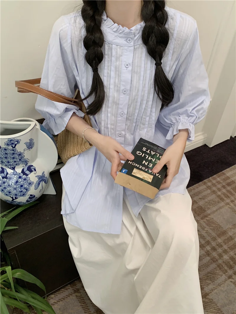 

Sweet Oversized Set 2023 Summer New Style Lace Collar Bubble Sleeve Shirt White Midi Half Skirt Korean Style Commute Pure Color