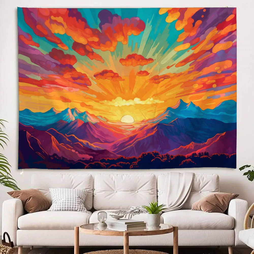 Sunrise Colorful Landscape Tapestry Starry Sky Aurora Dreamy Forest Bedroom Decor Aesthetic Polyester Fiber Wall Hanging 3