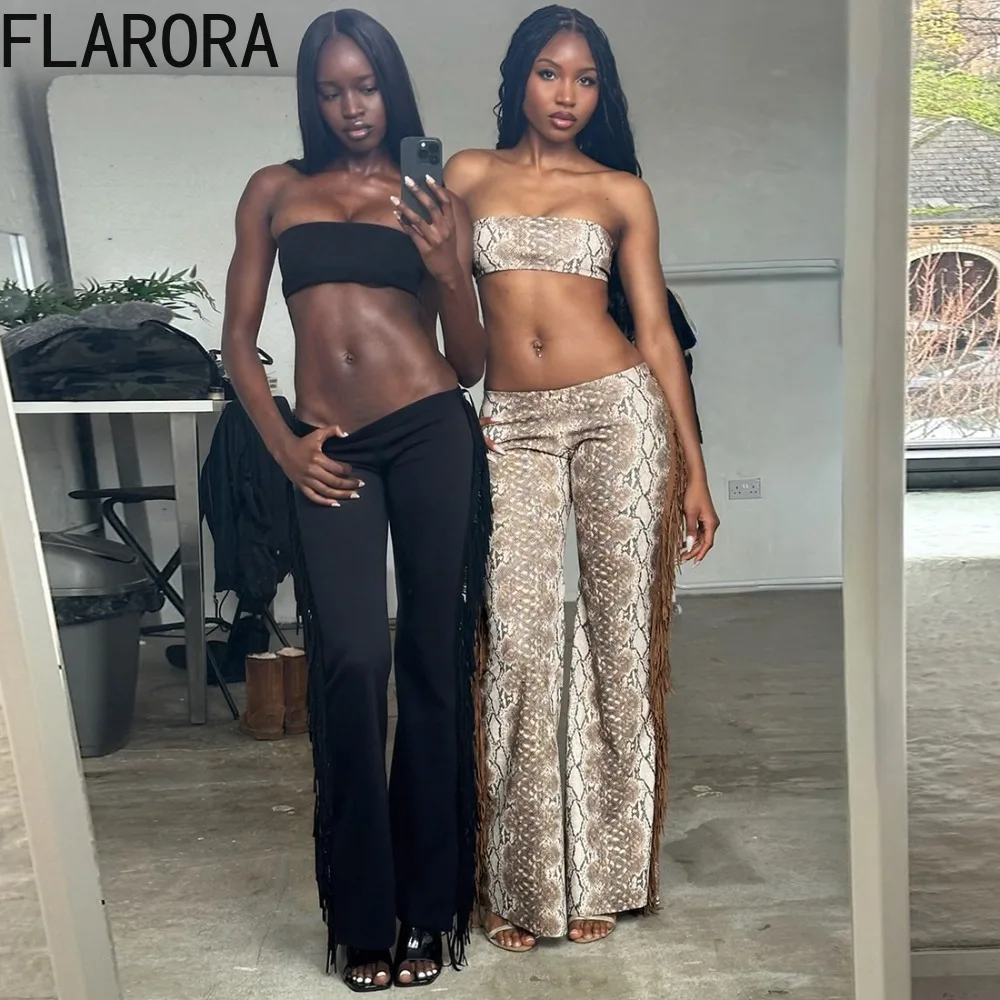 

FLARORA Wild Style Side Tassel 2 Piece Set Woman Sexy Mini Strapless+Straight Pants Matching Stretch Street Cool Hipster Outfits
