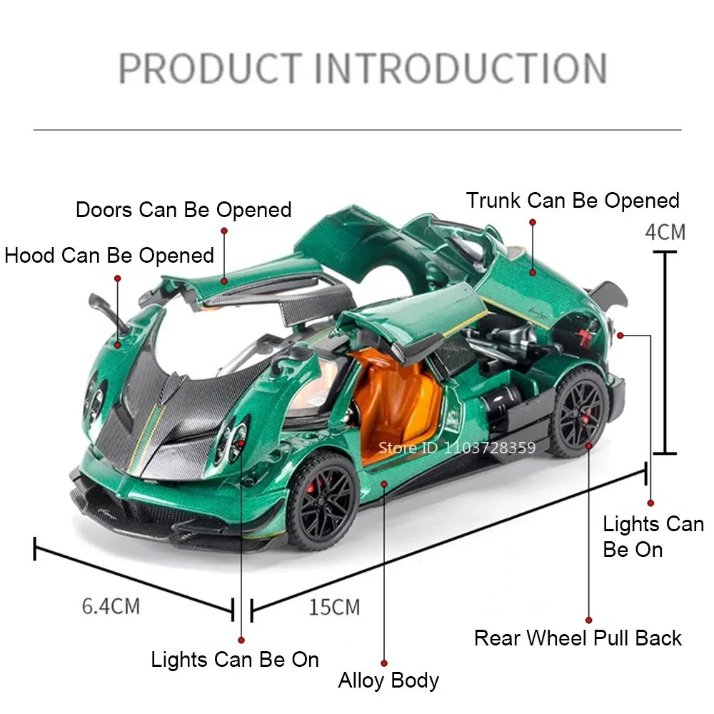 1:32 Supercar Pagani Huayra BC Supercar Toy Models Alloy Diecast Sound Light Doors Opened Pull Back Sports Car Toys for Kids