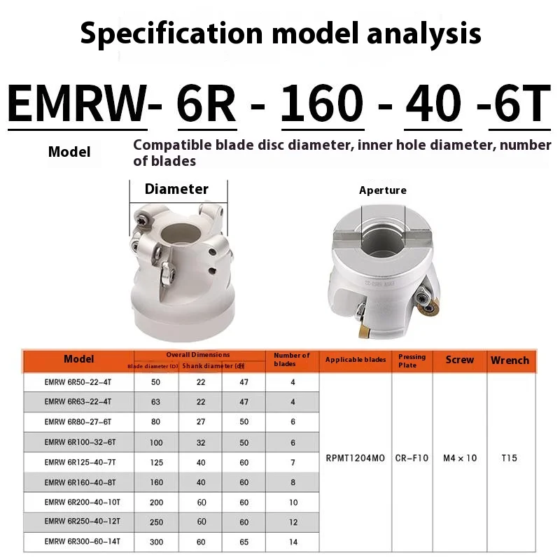 EMR 6R50-22-4T Round Nose CNC Face Milling Cutter 6R63-22-4T EMRW 6R80-27-6T TRS Milling Holder for RPMT1204 RPM Carbide Inserts