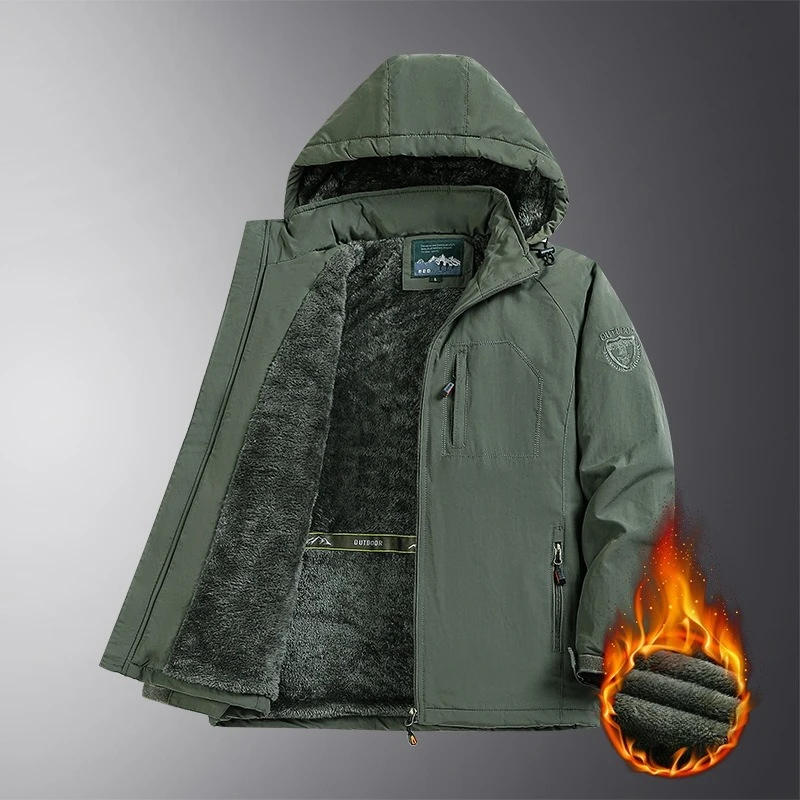 

Men's Detachable Hood Jacket, Windproof Waterproof Outdoor Coat, Fleece-Lined Option, Army Green Khaki Navy Black​