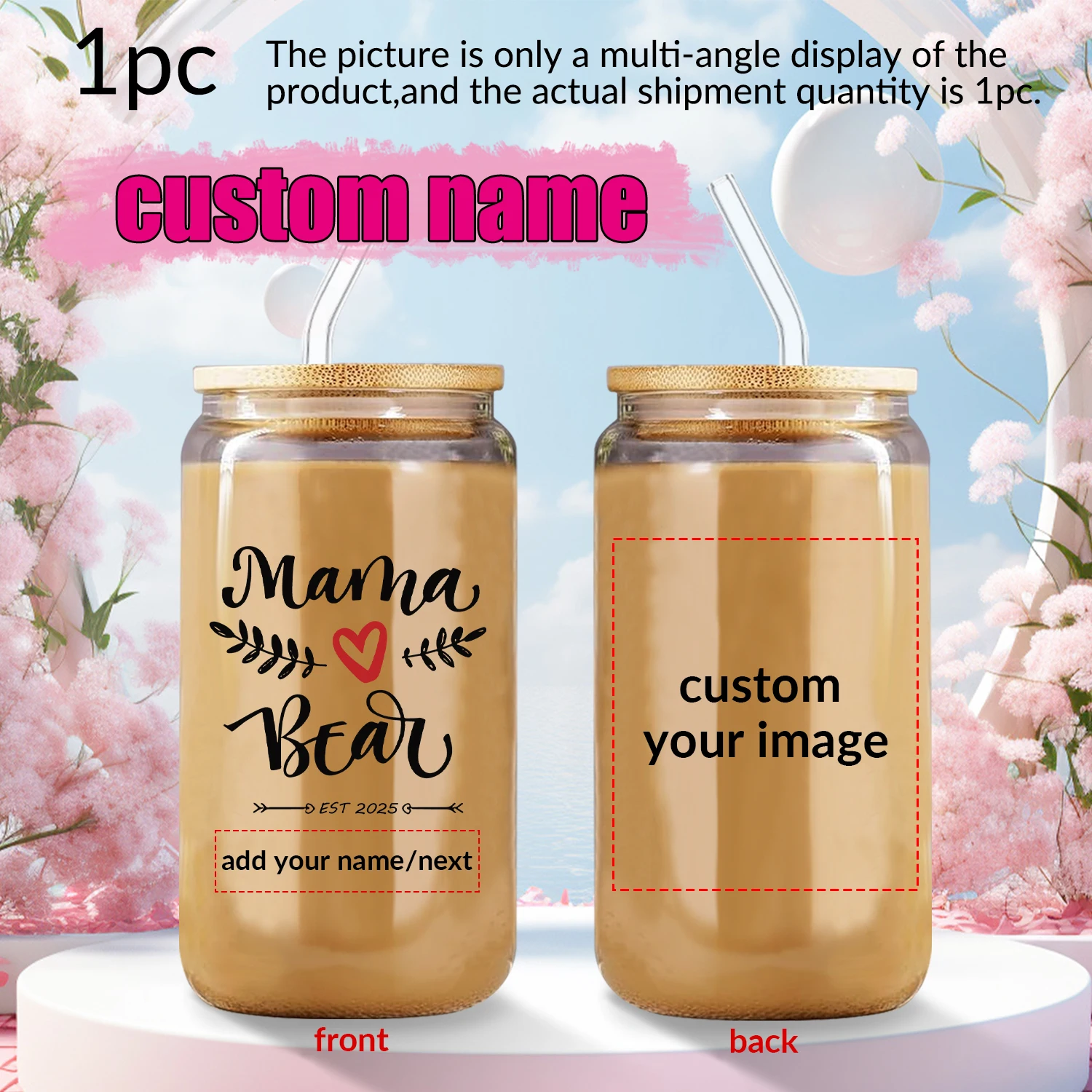 

1Pc Print Mama Custom Name & Image Water Tumblers with Straw Lid 16oz Transparent Ice Coffee Cups Drink Item Glassware Table Cup