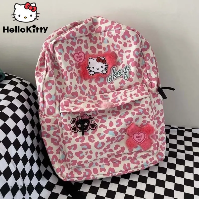 Sanrio Hello Kitty Y2K zaino moda sorella Cute Pink Leopard Print zainetto dolce Cartoon Animation Zipper Student Bag Girl