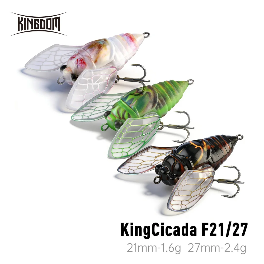 Kingdom 2026 Nuevo Cicada - Señuelo de superficie de 3 piezas con alas, 21mm 1.6g, 27mm 2.4g, cebo duro de simulación de insectos para pesca en agua dulce
