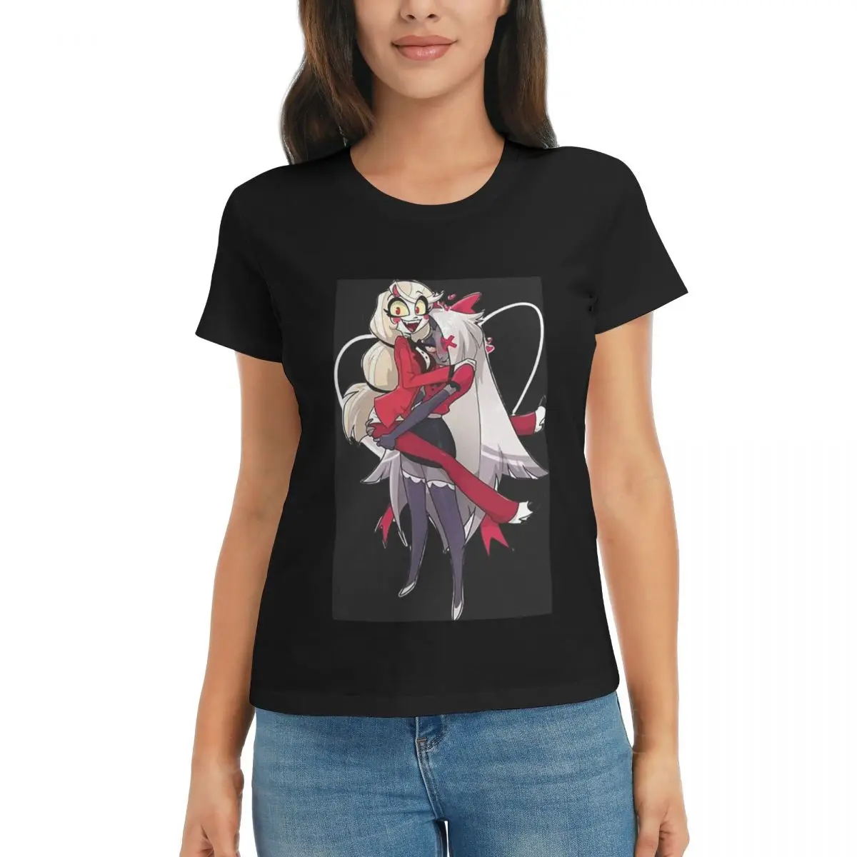 

Women T-Shirt Charlie And Vaggie Valentines Hazbin Hotels Summer Short Sleeve Tees Crew Neck T Shirts Clothes Tops Streetwear