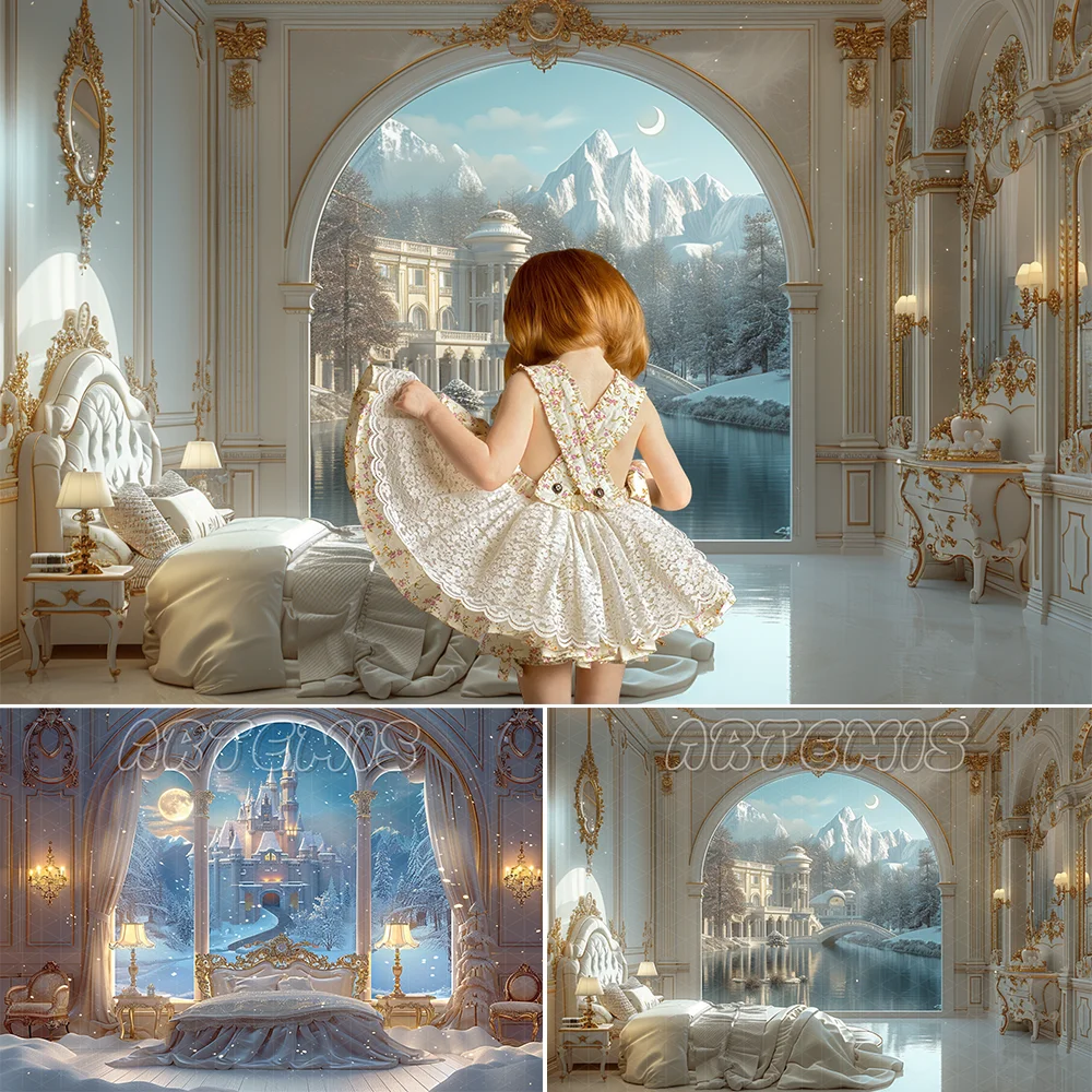 Christmas Backdrop White Bed Moonlight Drape Curtain Night Lamp Snow-covered Castle Chandelier Background Photo Studio Photocall