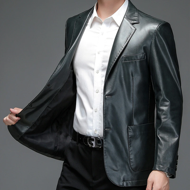 2023 Spring Autumn New Men Slim Leather Coat Men Casual All-Match Solid Color Large Size Leather Jacket Short Business Outwear